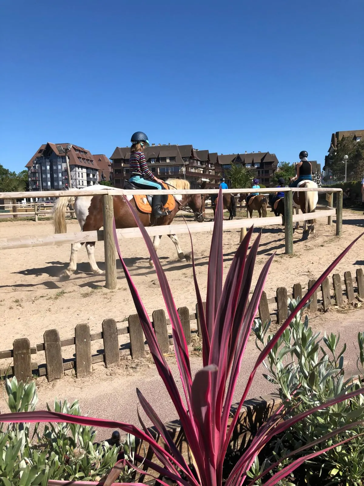 Des cavaliers &agrave; poney dans la carri&egrave;re du club
